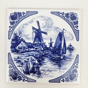 Vtg Delft Tile~Holland Dutch Windmill Harbor Sailboat~Blue White~6"×6"